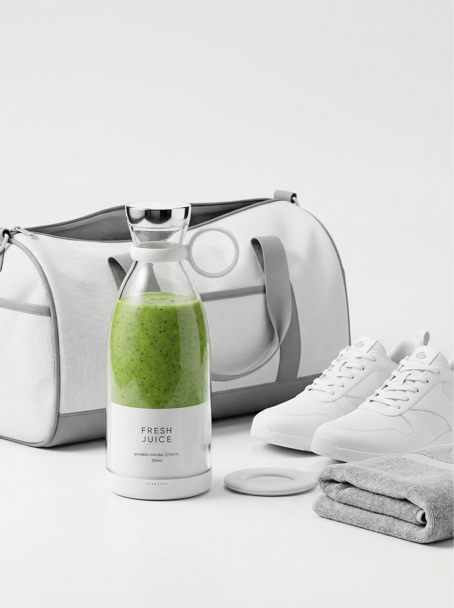 Blender portable Fresh Juice blanc avec smoothie vert, sac de sport et baskets blanches