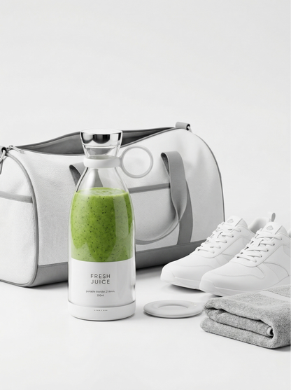 Blender portable Fresh Juice blanc avec smoothie vert, sac de sport et baskets blanches
