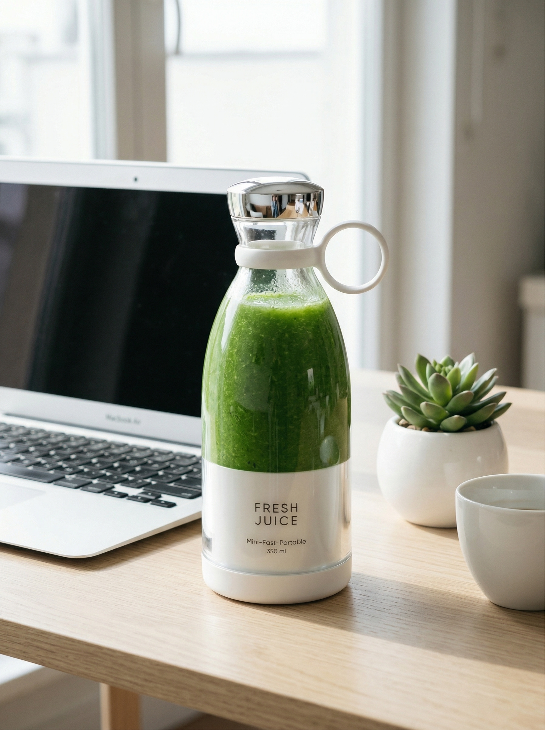 Blender Fresh Juice posé sur un bureau avec smoothie vert et ordinateur portable