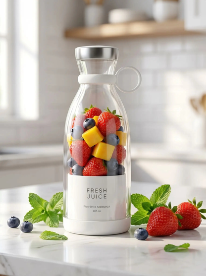 Blender portable Fresh Juice blanc rempli de fraises, myrtilles et mangue fraîche