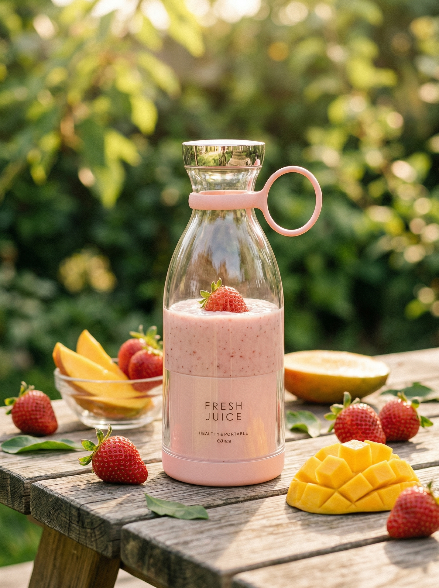 Blender Fresh Juice rose avec fraises et mangues sur table en bois en extérieur