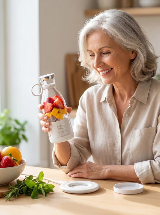 Femme souriante avec son blender Fresh Juice blanc rempli de fruits frais dans sa cuisine