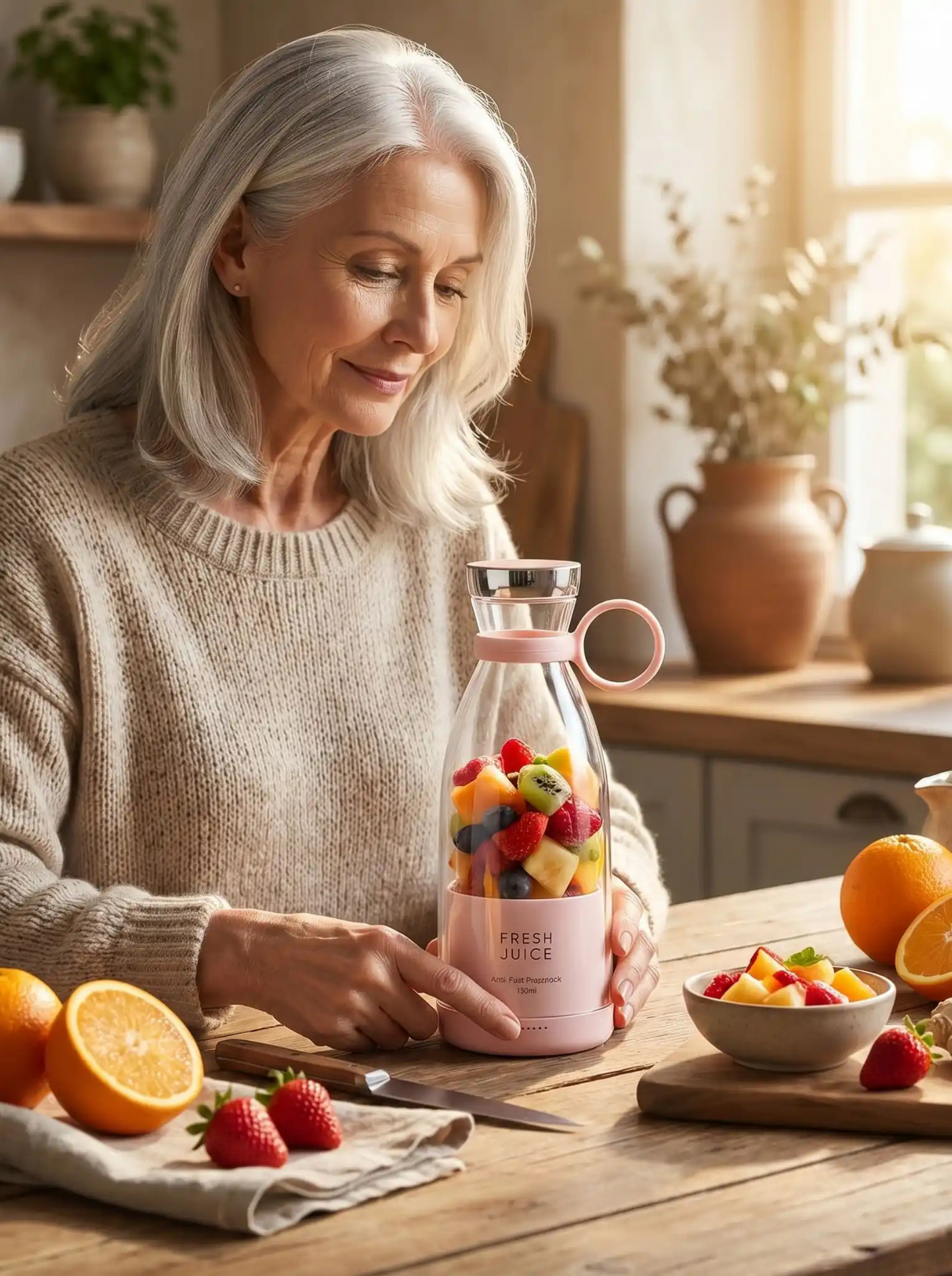 Femme préparant un smoothie aux fruits frais avec le blender portable Fresh Juice dans sa cuisine