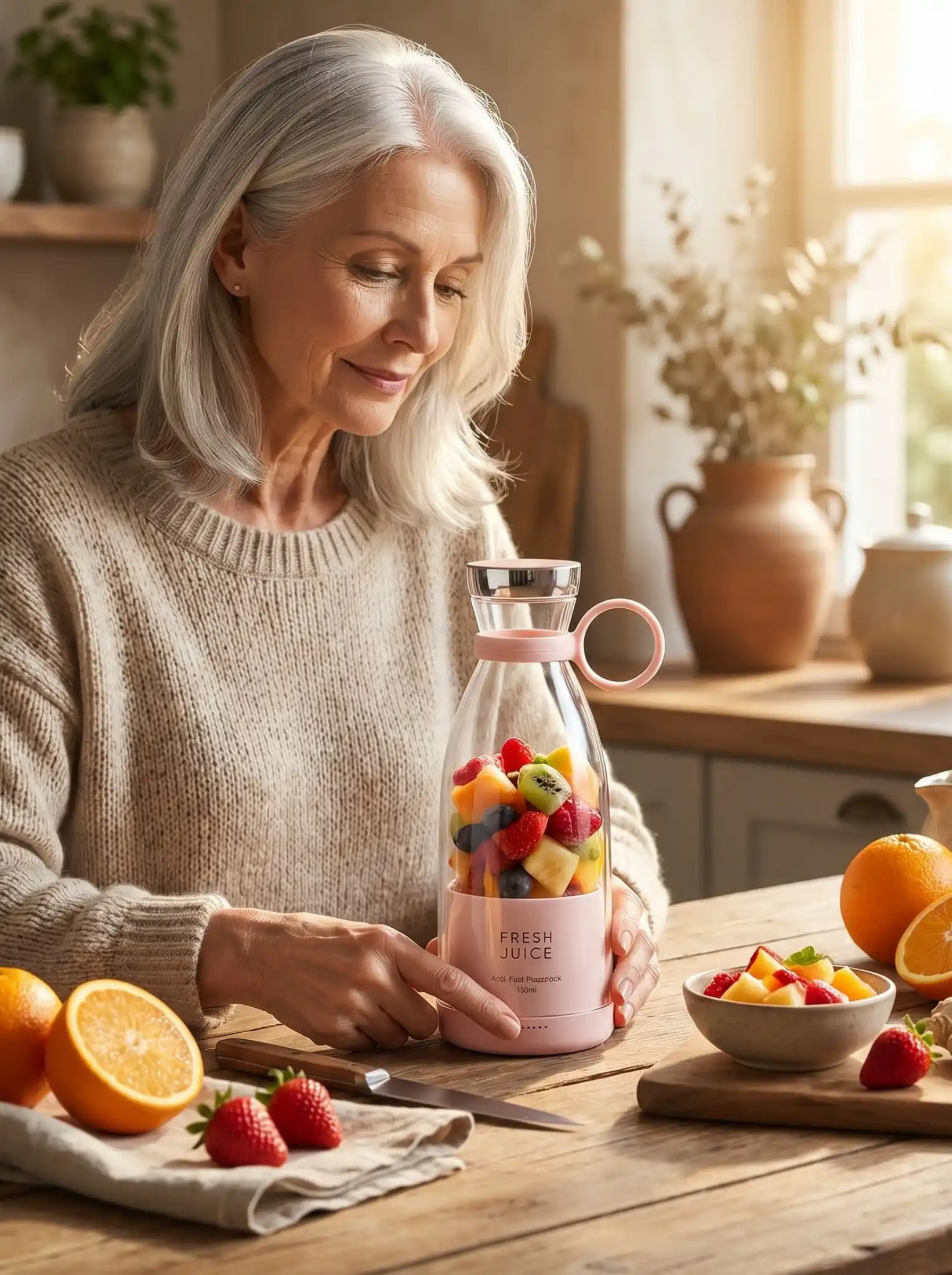 Femme préparant un smoothie aux fruits frais avec le blender portable Fresh Juice dans sa cuisine