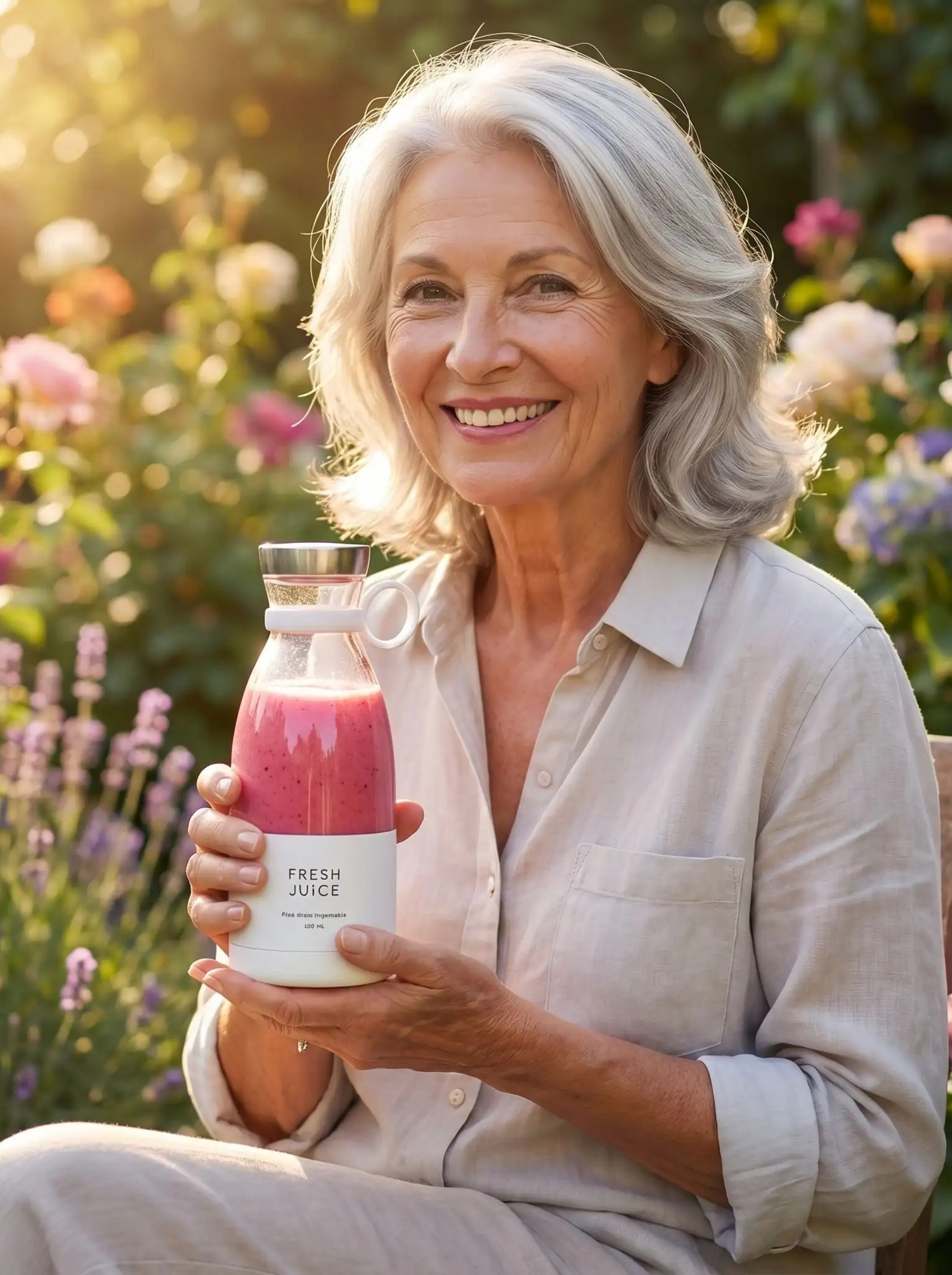 Femme tenant son blender Fresh Juice avec smoothie aux fraises dans un jardin fleuri