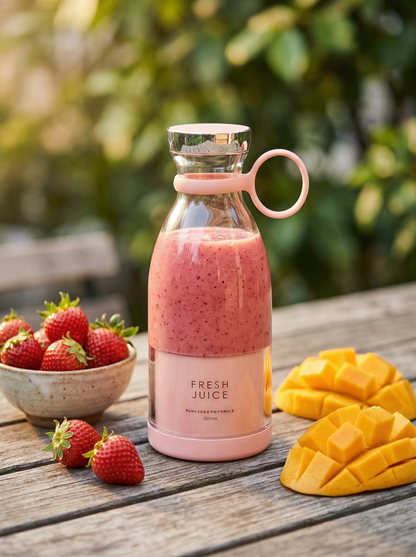 Smoothie fraise mangue dans le blender portable Fresh Juice posé sur une table en bois