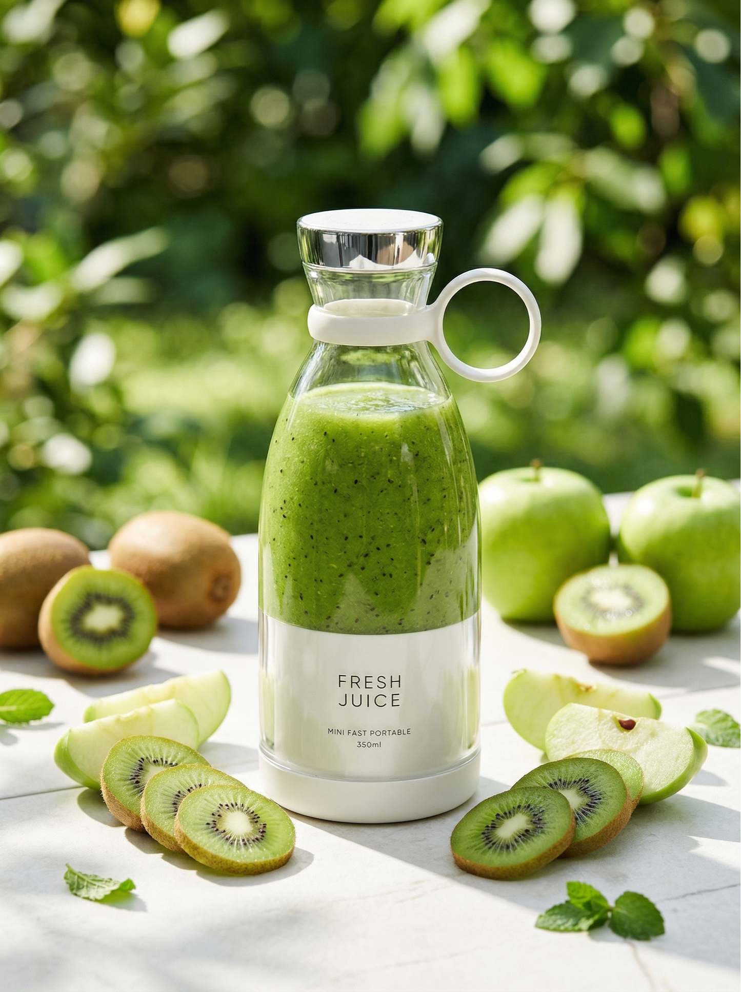 Smoothie vert kiwi et pomme dans le blender portable Fresh Juice Blanc Minéral